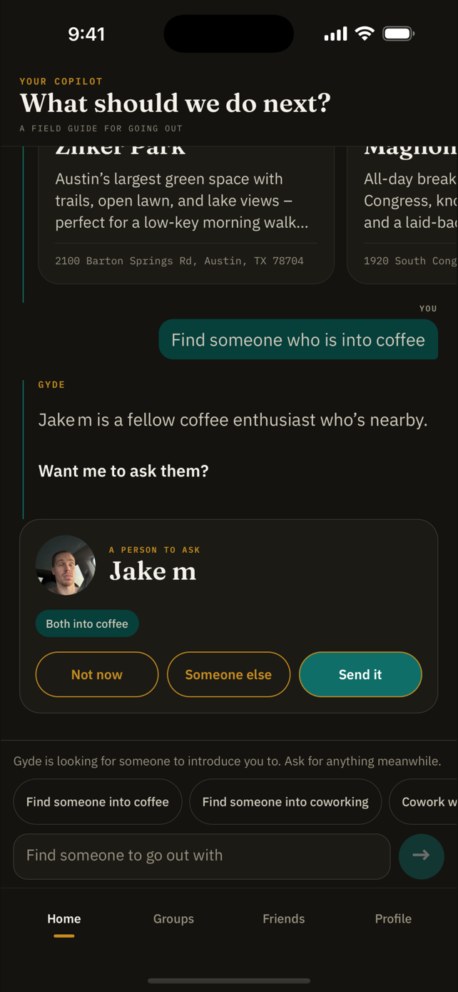 Gyde suggesting an introduction between two people who both enjoy coffee