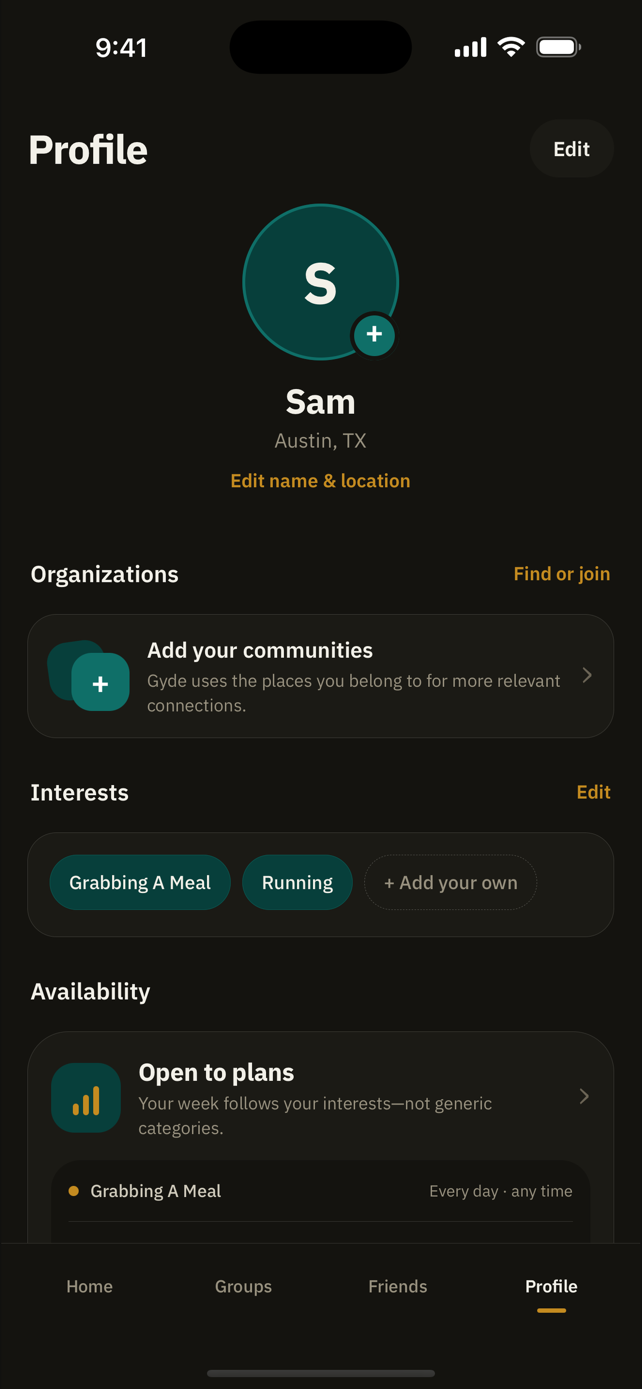 Gyde profile showing communities, interests, and availability